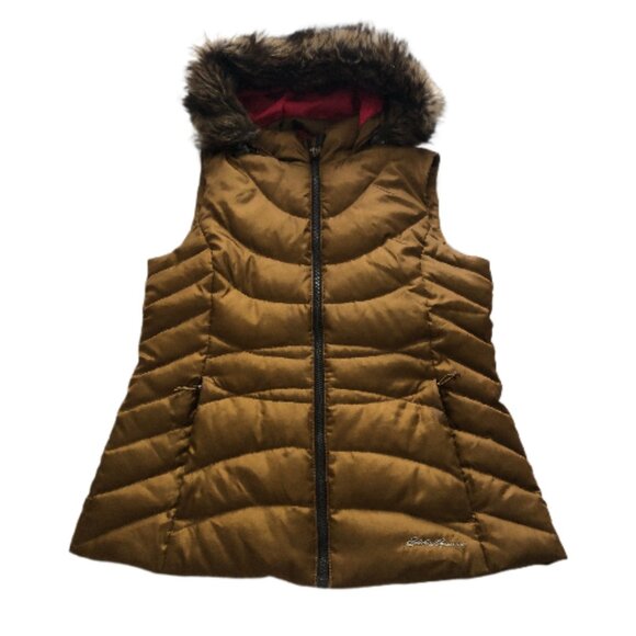 Eddie Bauer Puffer Vest with Faux Fur Trim Metallic Gold Bronze Size M - Picture 13 of 13